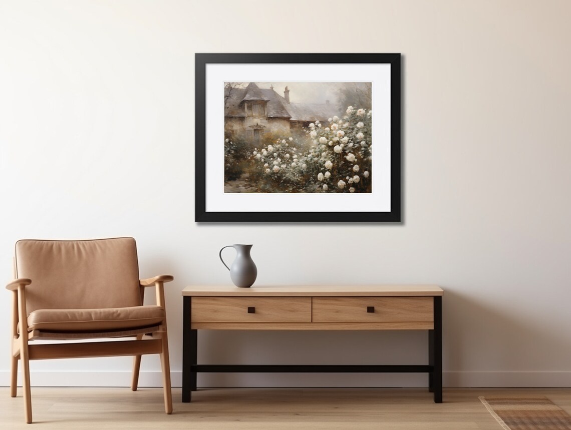 Stone Cottage Garden with White Roses Vintage Oil Painting Poster - Image 2