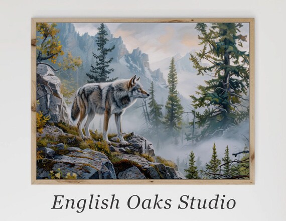 Gray Wolf Rocky Cliff Evergreen Forest Mountain Wildlife Painting Poster