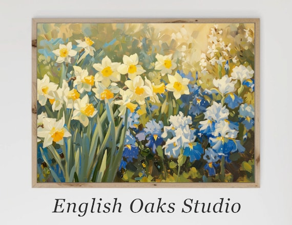 White Daffodils and Blue Irises Impressionist Spring Garden Poster
