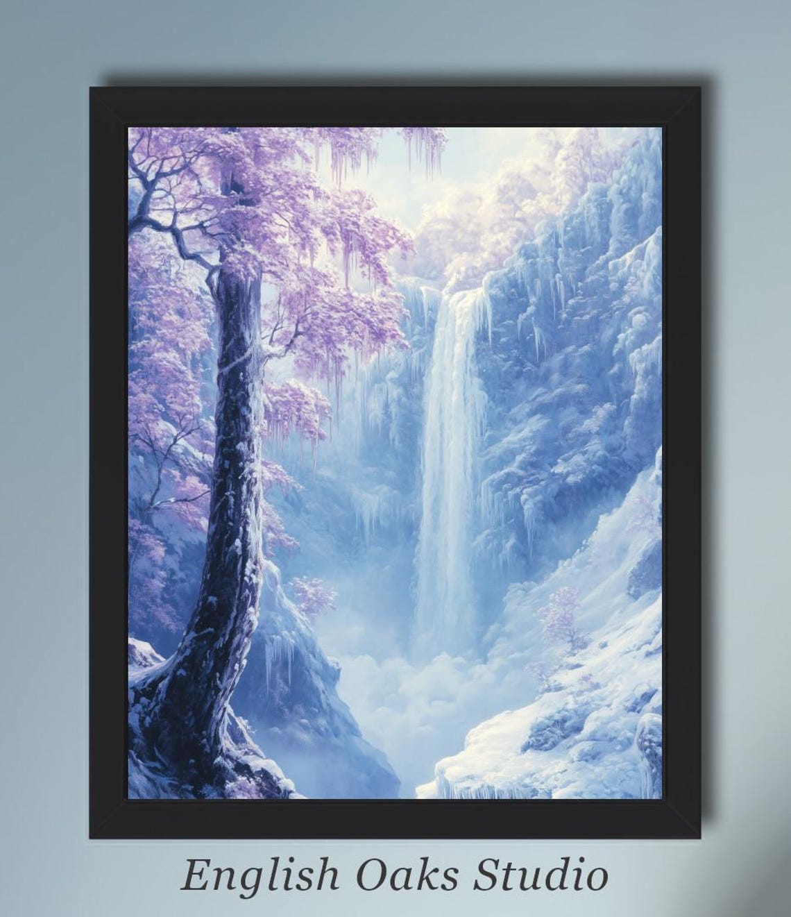 Frozen Waterfall And Icy Cliffs With Blooming Tree Winter Poster