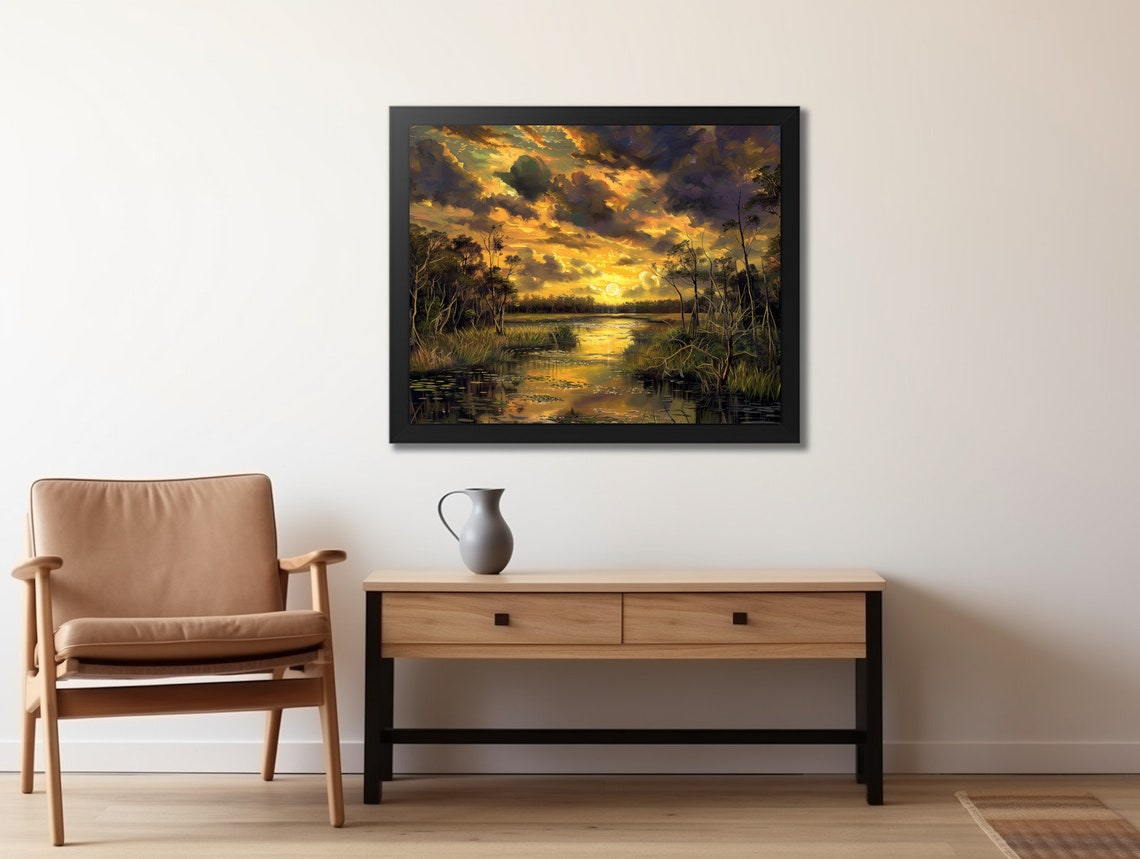 Dramatic Sunset Swamp Painting Golden Storm Clouds Water Poster - Image 2