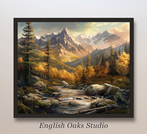 Autumn Mountain River Golden Pines Rocky Stream Snowcapped Peaks Poster