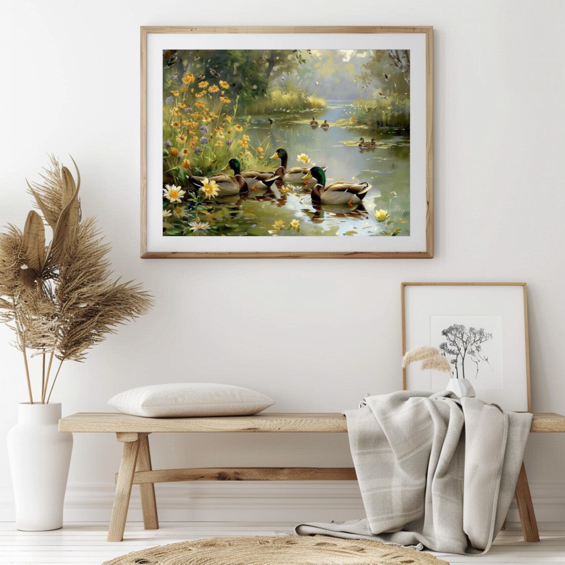 Mallard Ducks On A Spring Pond With Yellow Wildflowers Oil Painting Poster - Image 2
