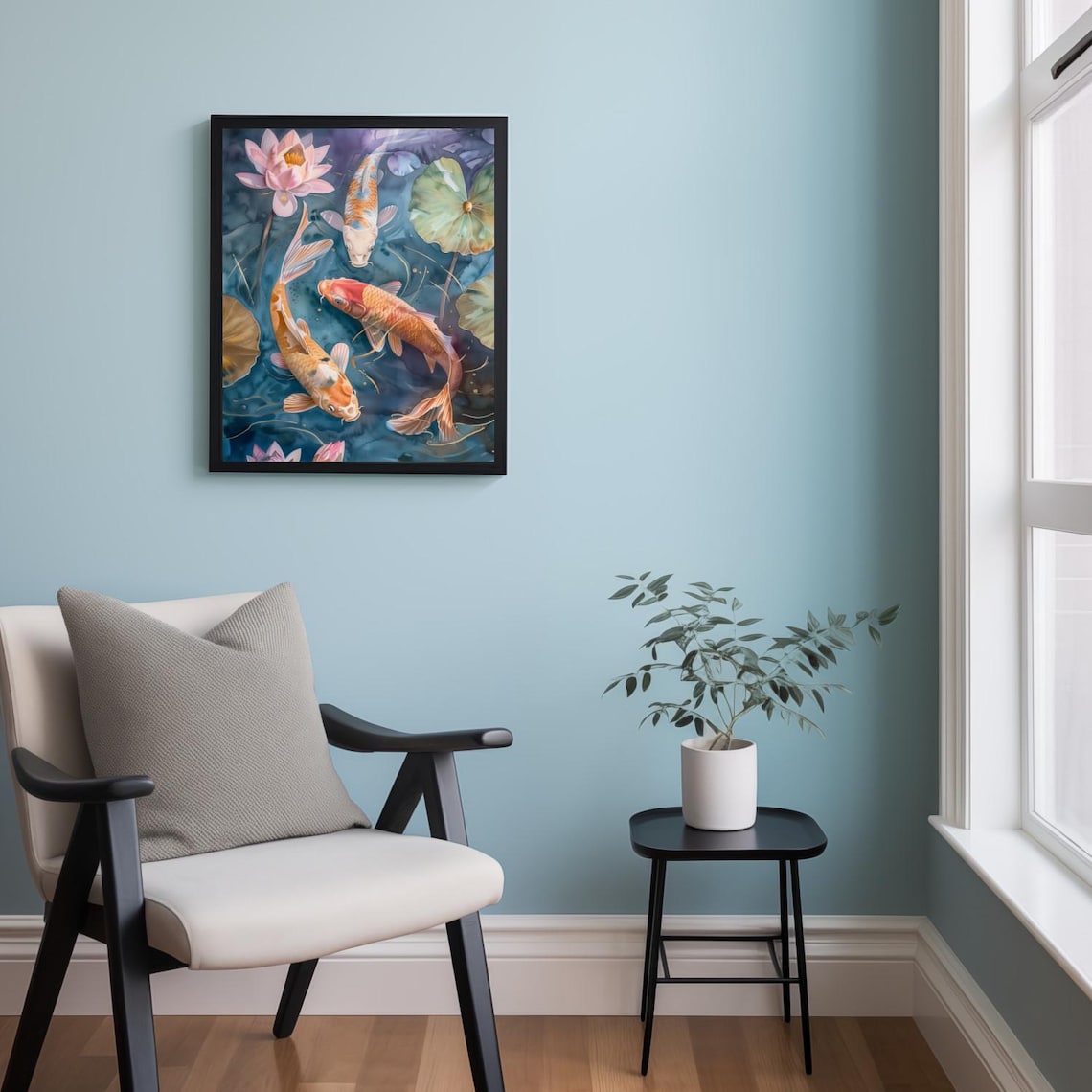Three Graceful Koi Fish Swimming Among Water Lilies Pond Poster - Image 2