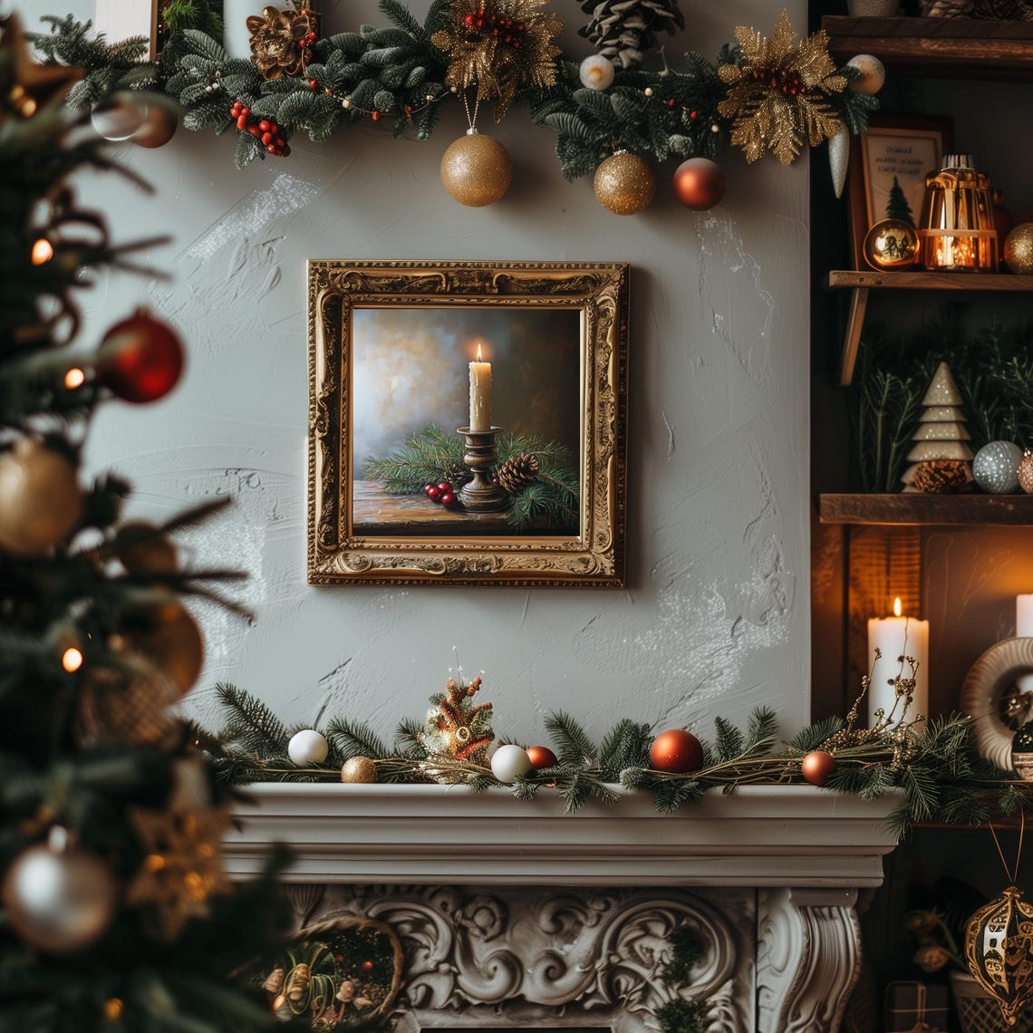 Lit Candle With Pine Boughs Pinecone And Red Berries Glow Poster - Image 2