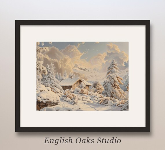 Snowy Cabin in the Mountains Winter Wonderland Oil Painting Poster