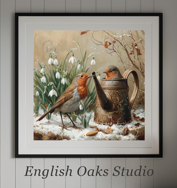 Robins in Snow Snowdrops Winter Watering Can Garden Birds Vintage Poster
