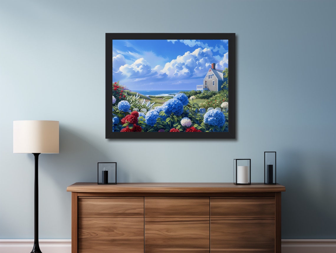 Coastal Floral Summer Landscape Print 4th Of July Red White Blue Floral Cottage Garden Summer Painting Coastal Wildflower Maine Wall Art - Image 2