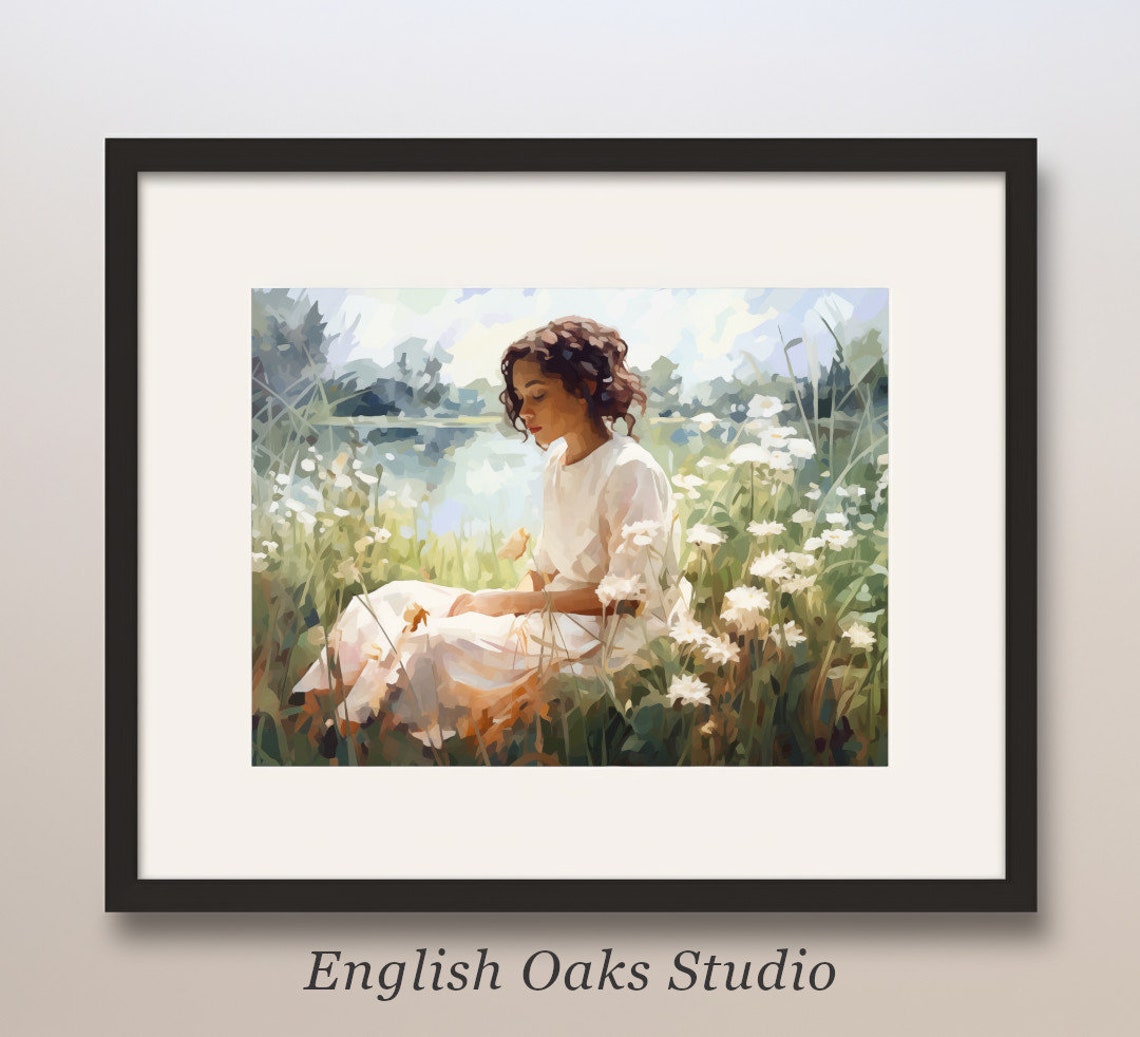 Girl In A Field Of Wildflowers Art Print Female By The Lake Painting 01
