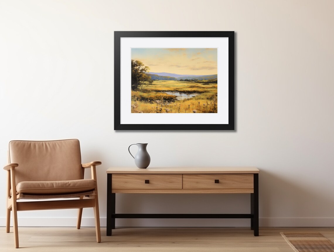 Golden Summer Meadow Pond Landscape Sunny Country Field Wall Art - Image 2