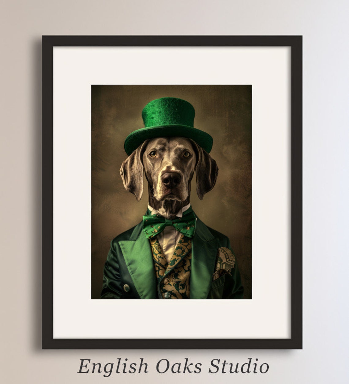 Weimaraner Dog in Green Top Hat and Suit St Patricks Wall Art