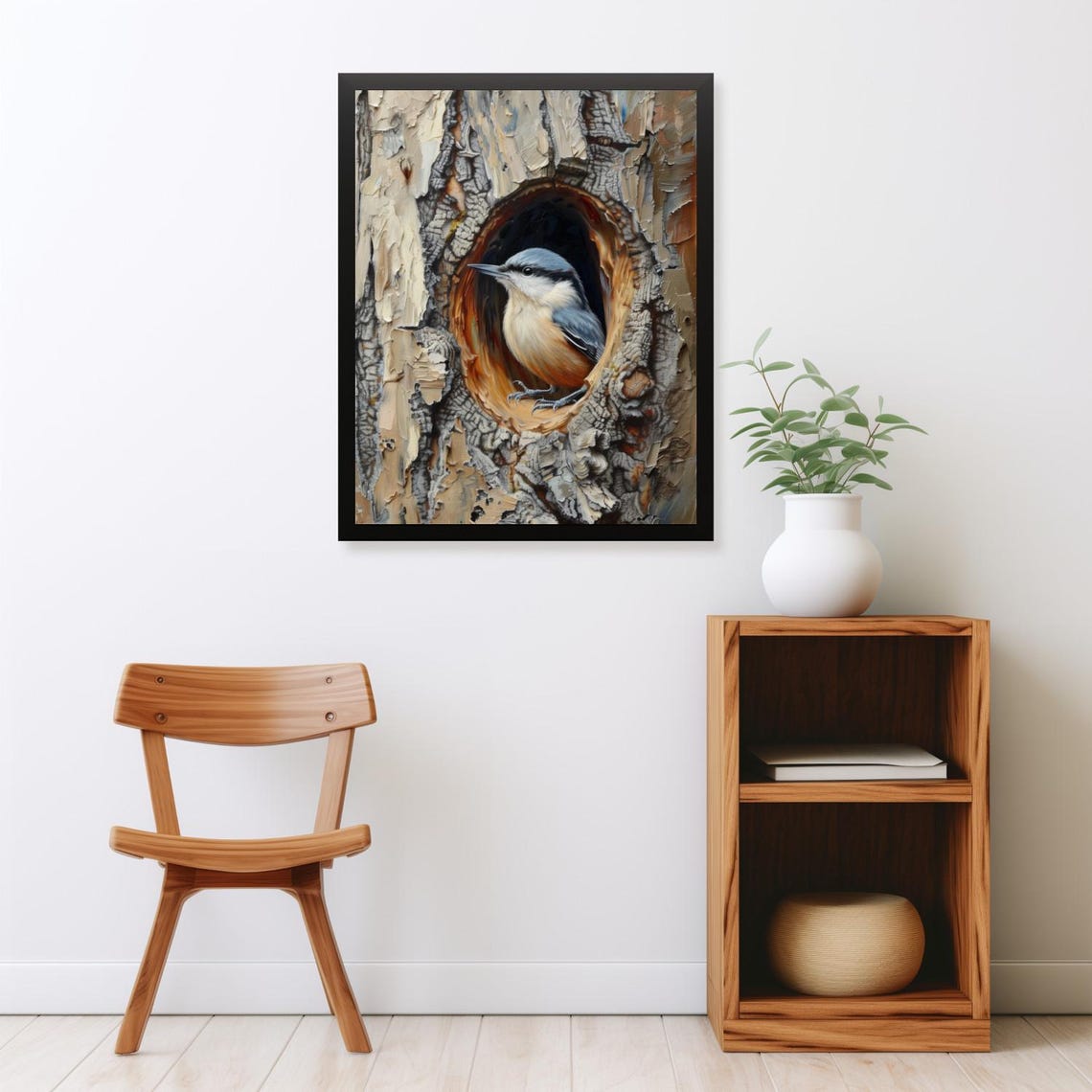 Nuthatch Perched In Tree Hole Textured Bark Closeup View Poster - Image 2