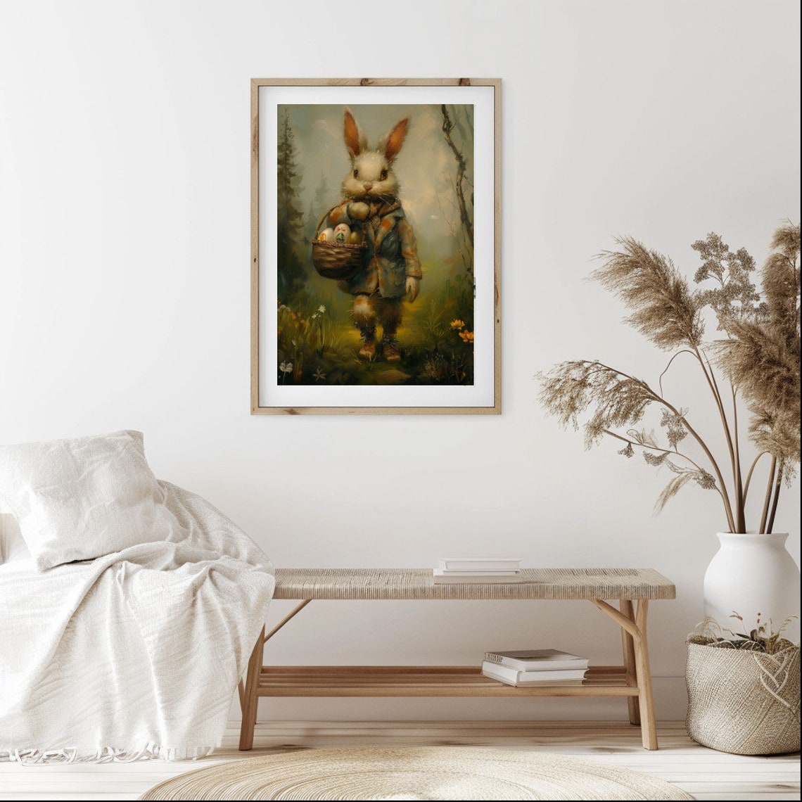 Moody Easter Bunny With Painted Eggs In Misty Meadow Vintage Poster - Image 2