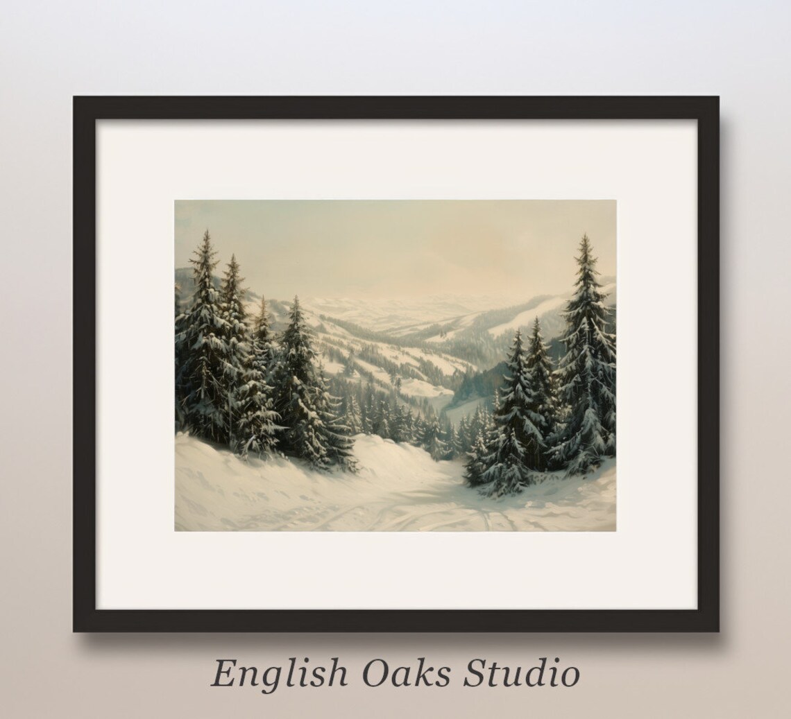 Winter Pine Forest Path Painting Snowy Valley Landscape Poster