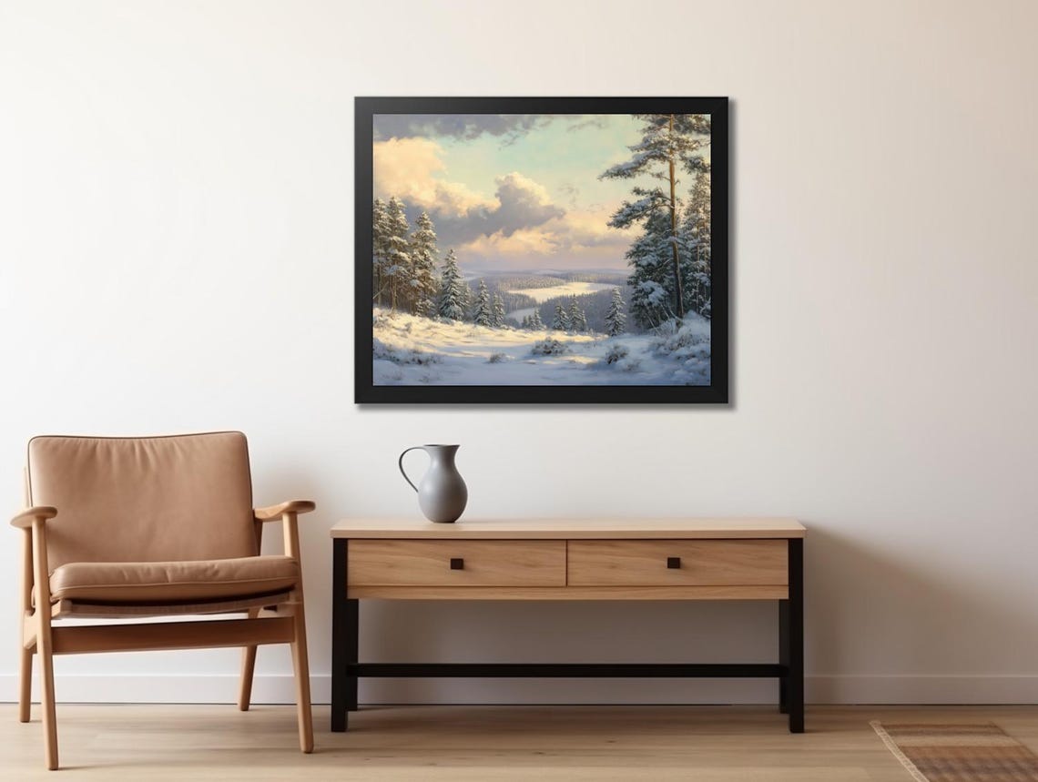 Sunlit Snowy Pine Forest with Distant Valley Winter Scene Poster - Image 2