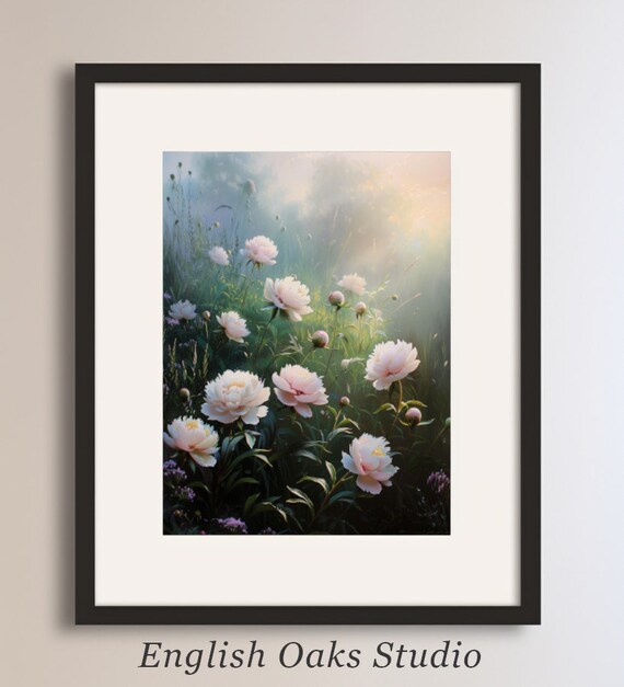 Pink Peonies In Misty Meadow Sunrise Vintage Dreamy Floral Landscape Poster