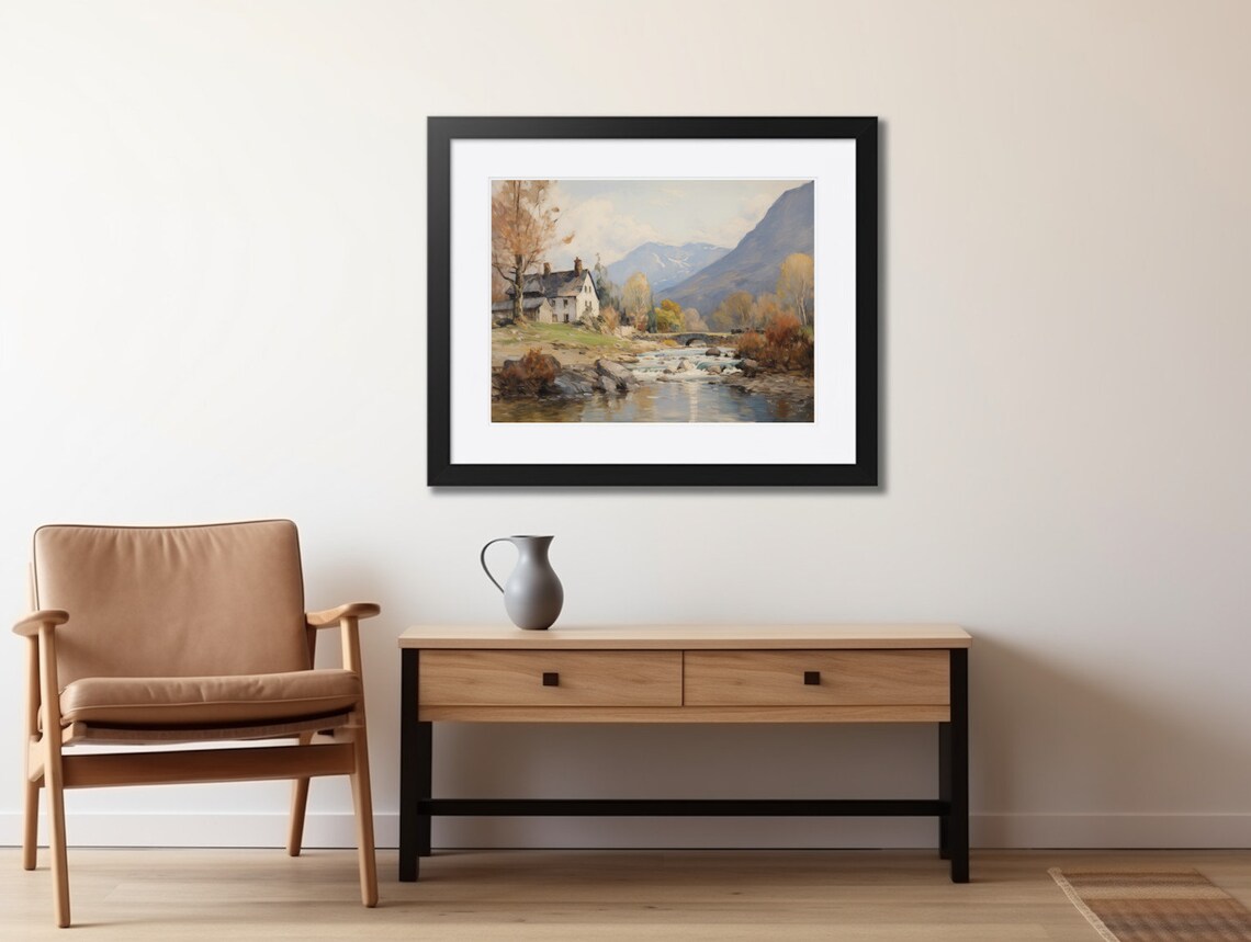 Rustic Riverside Cabin in the Mountains Vintage Oil Painting Poster - Image 2