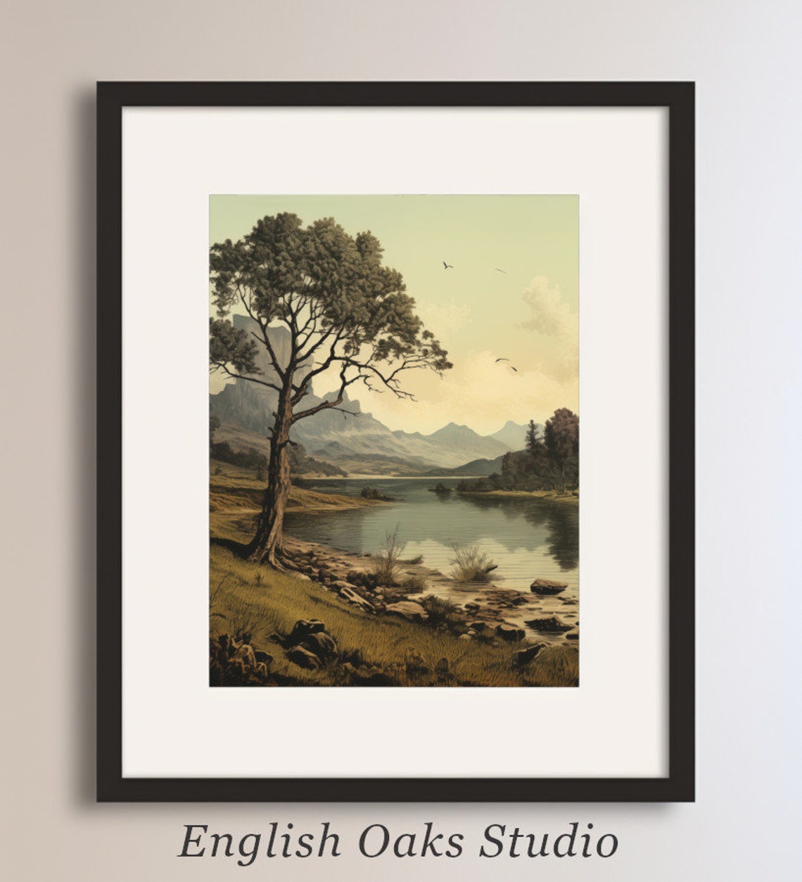 Summer Lakeside Landscape with Tree and Mountains Oil Painting Poster