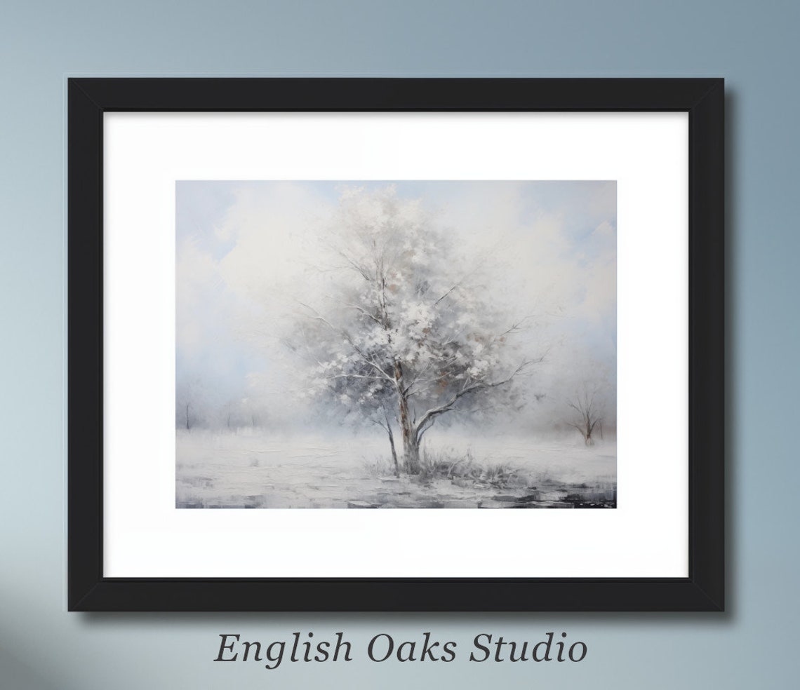 Misty Frosted Tree in White Snowy Field Minimalist Winter Art Print