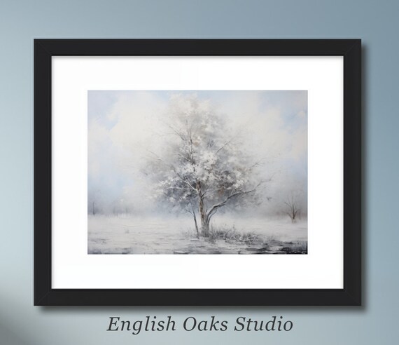 Misty Frosted Tree in White Snowy Field Minimalist Winter Art Print