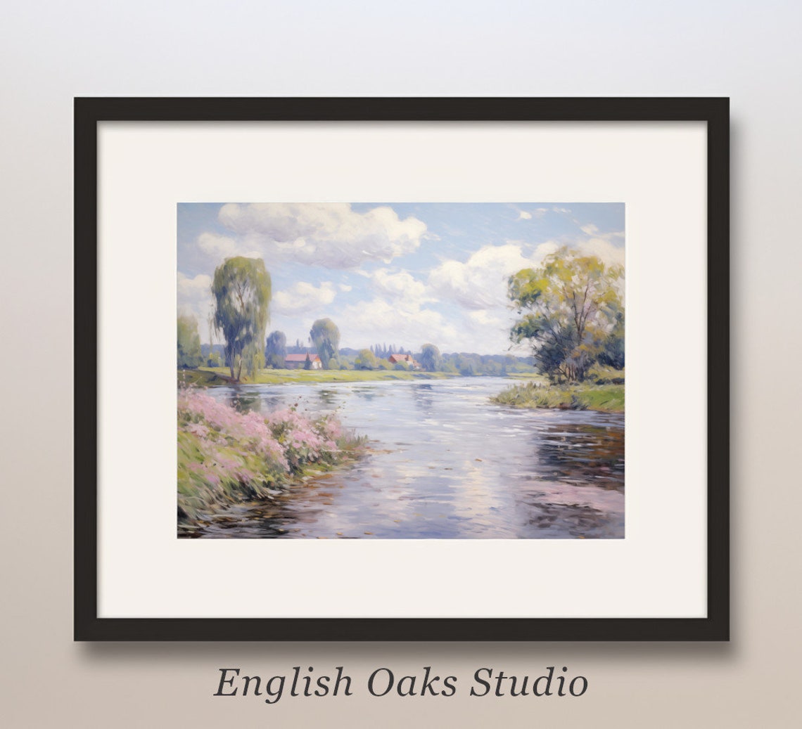 Spring River with Blooming Pink Flowers Pastel Riverside Scene Poster