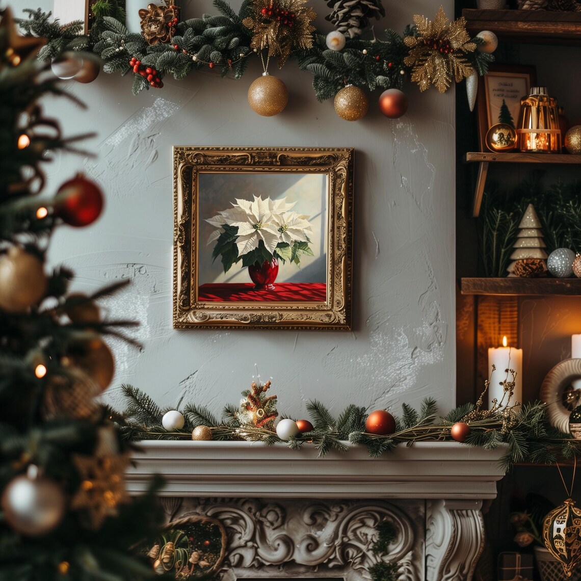 White Poinsettia In Red Vase On Red Velvet Holiday Still Life Poster - Image 2