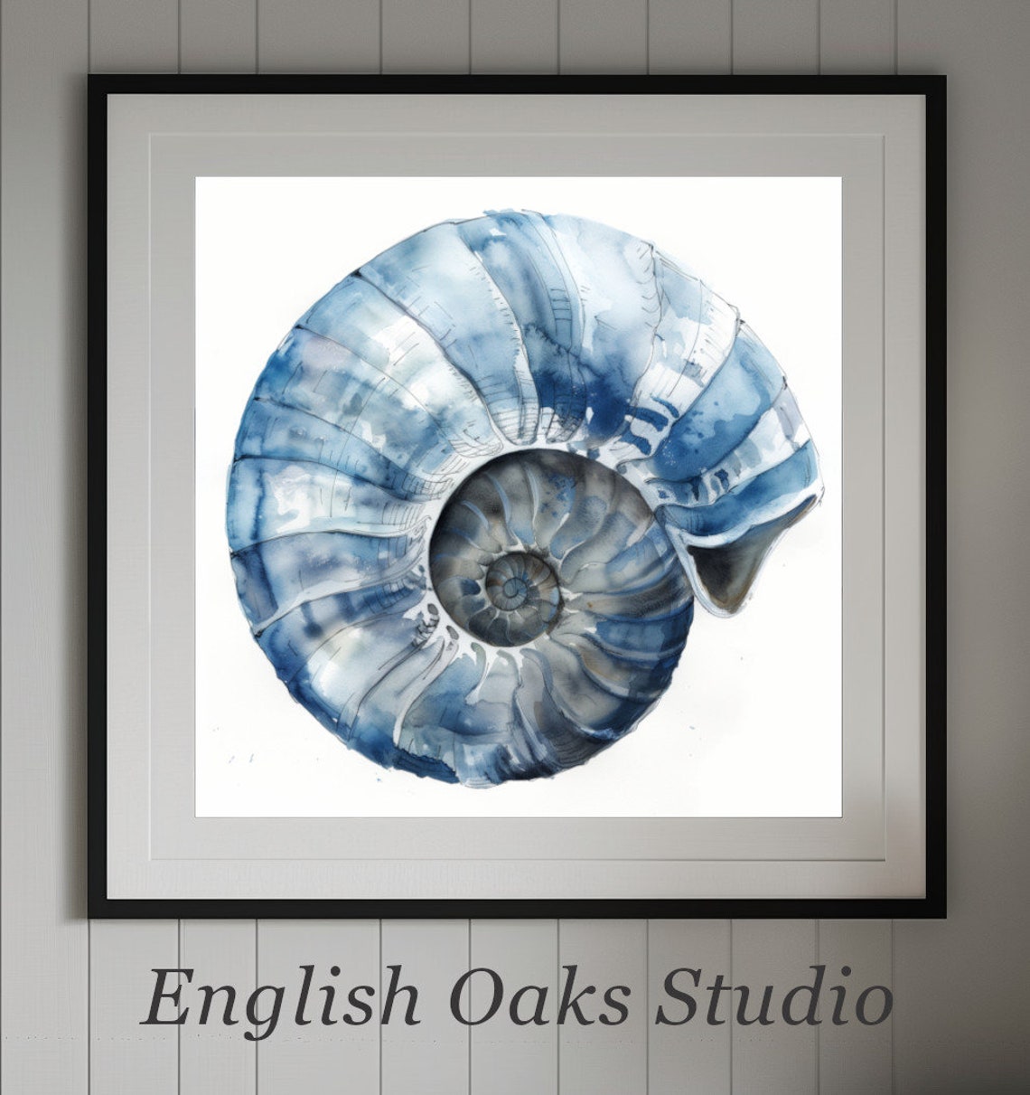 Blue Nautilus Shell Watercolor Spiral Seashell Coastal Beach Poster