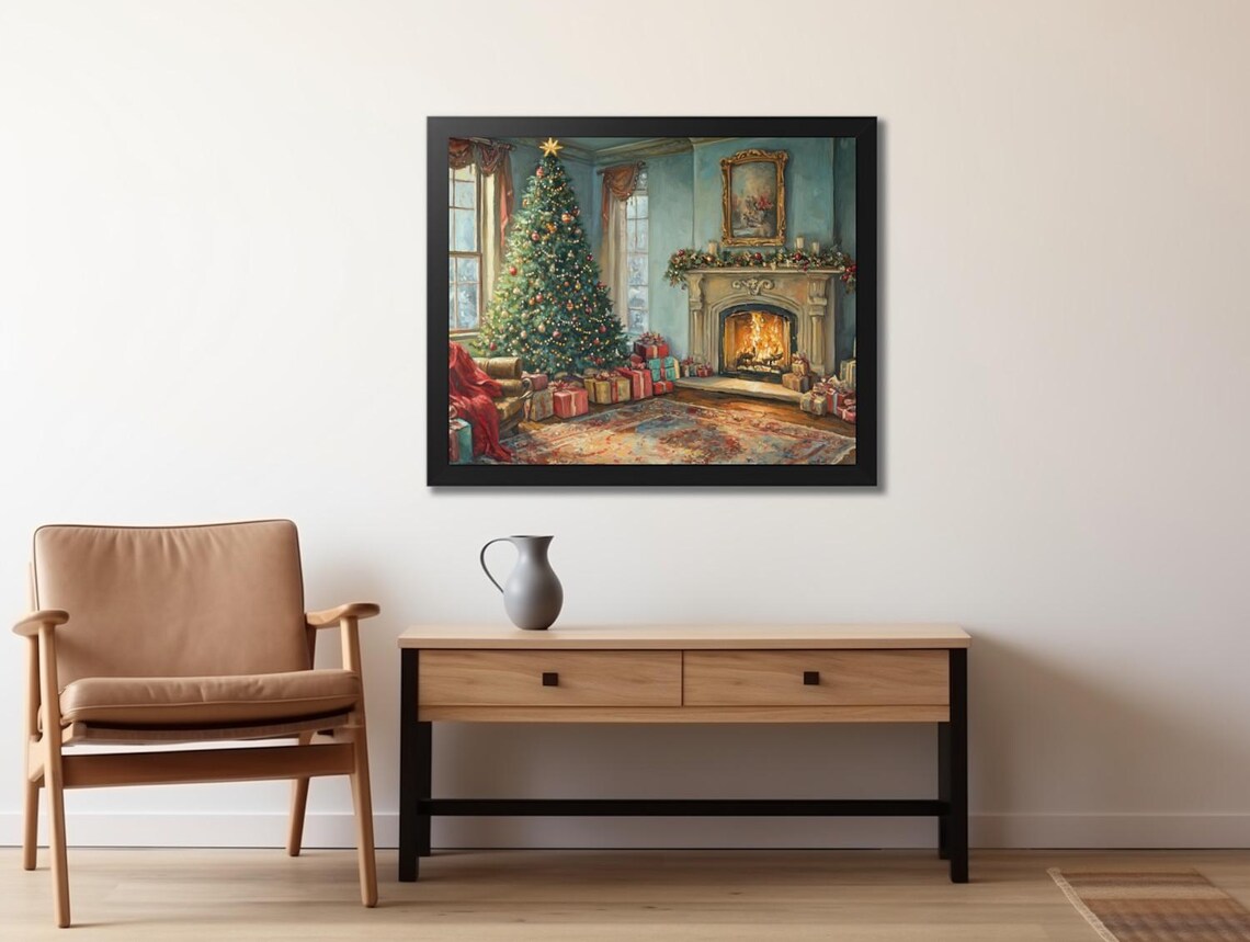 Cozy Living Room With Christmas Tree Gifts And Fireplace Poster - Image 2