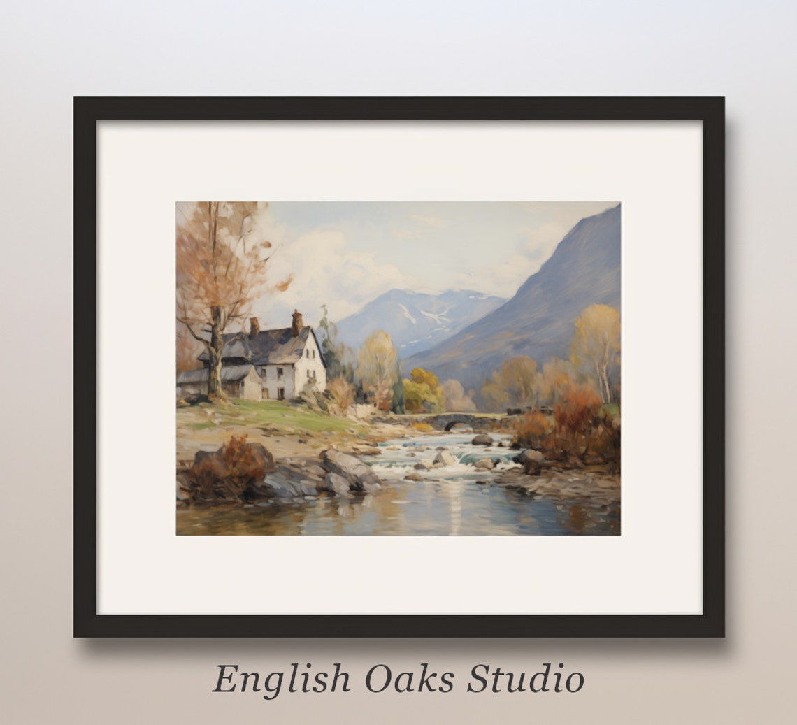 Rustic Riverside Cabin in the Mountains Vintage Oil Painting Poster