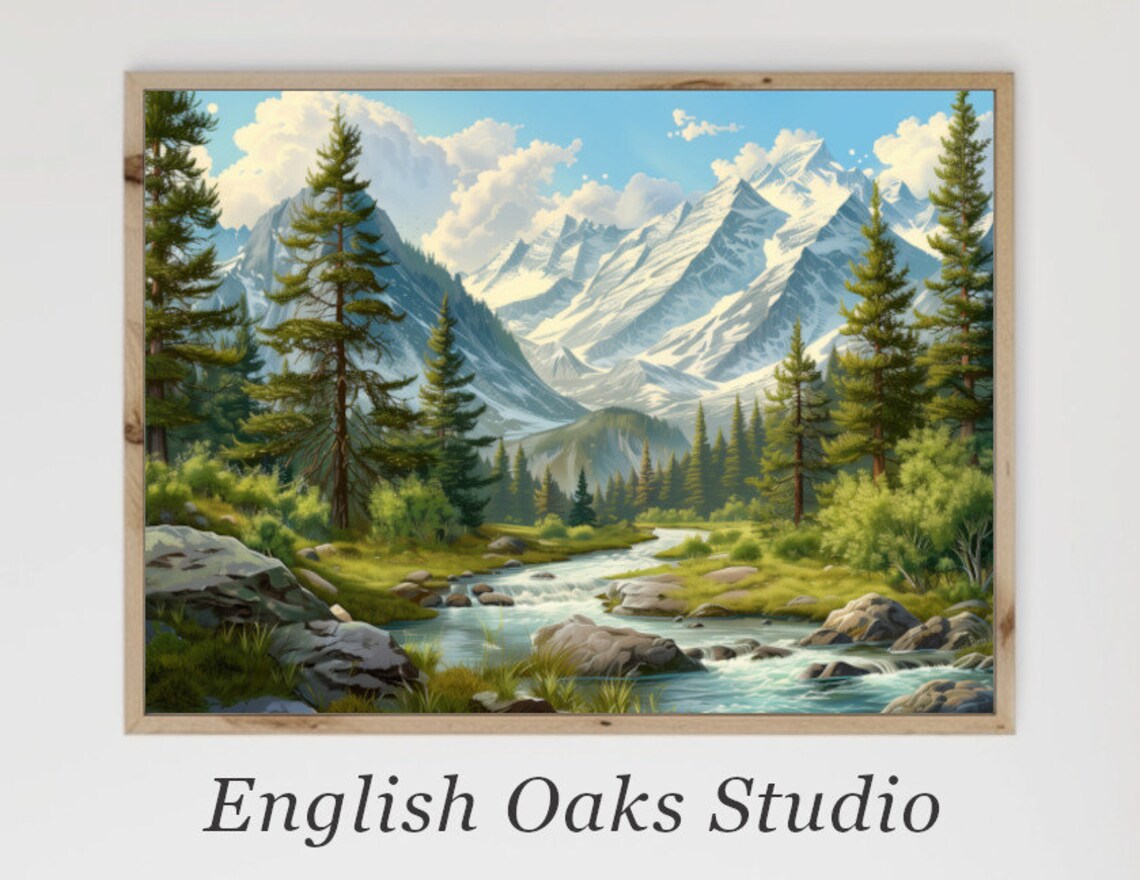 Snow Capped Alpine Peaks River Pine Forest Summer Mountain Landscape Poster