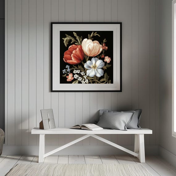 Rustic Moody Blooming Plants Painting Vintage Dark Academia Botanical Floral Still Life Print