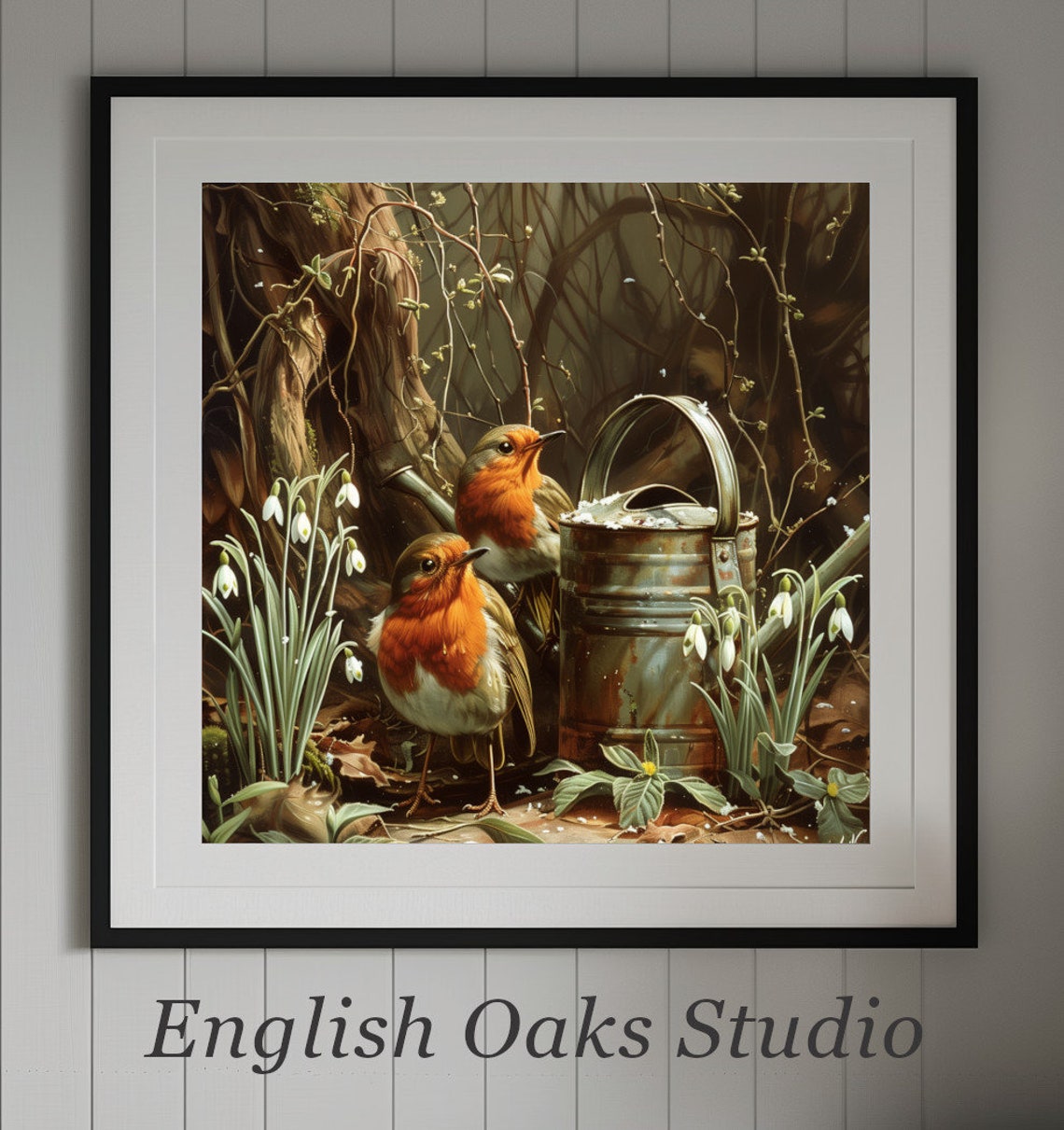 Moody Spring Snowdrops Robins And Watering Can Vintage Cottagecore Bird Botanical Forest Print 01