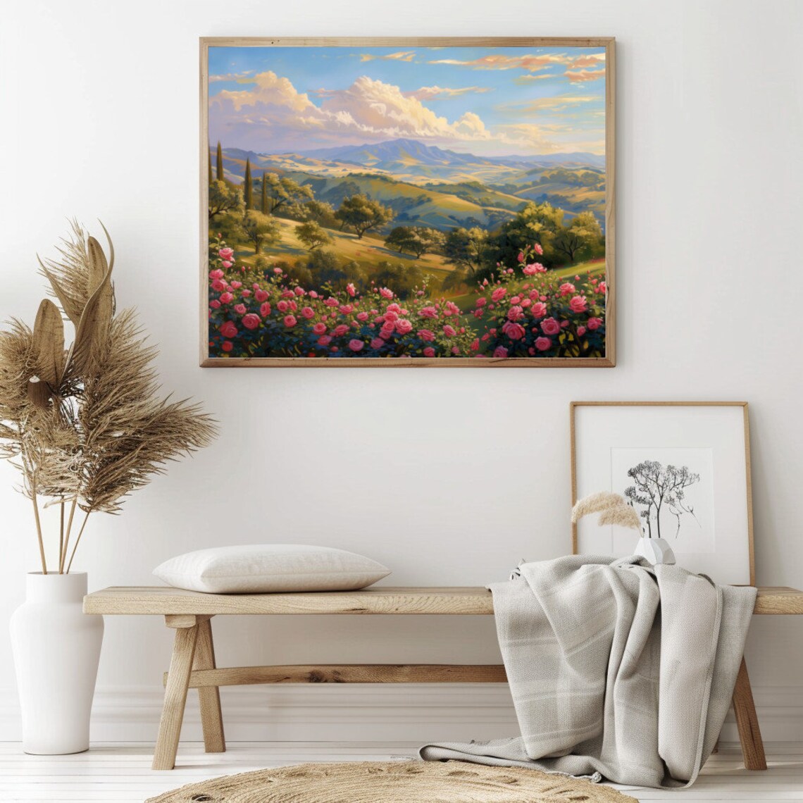 Pink Rose Garden With Cypress Trees And Rolling Hills Summer Poster - Image 2