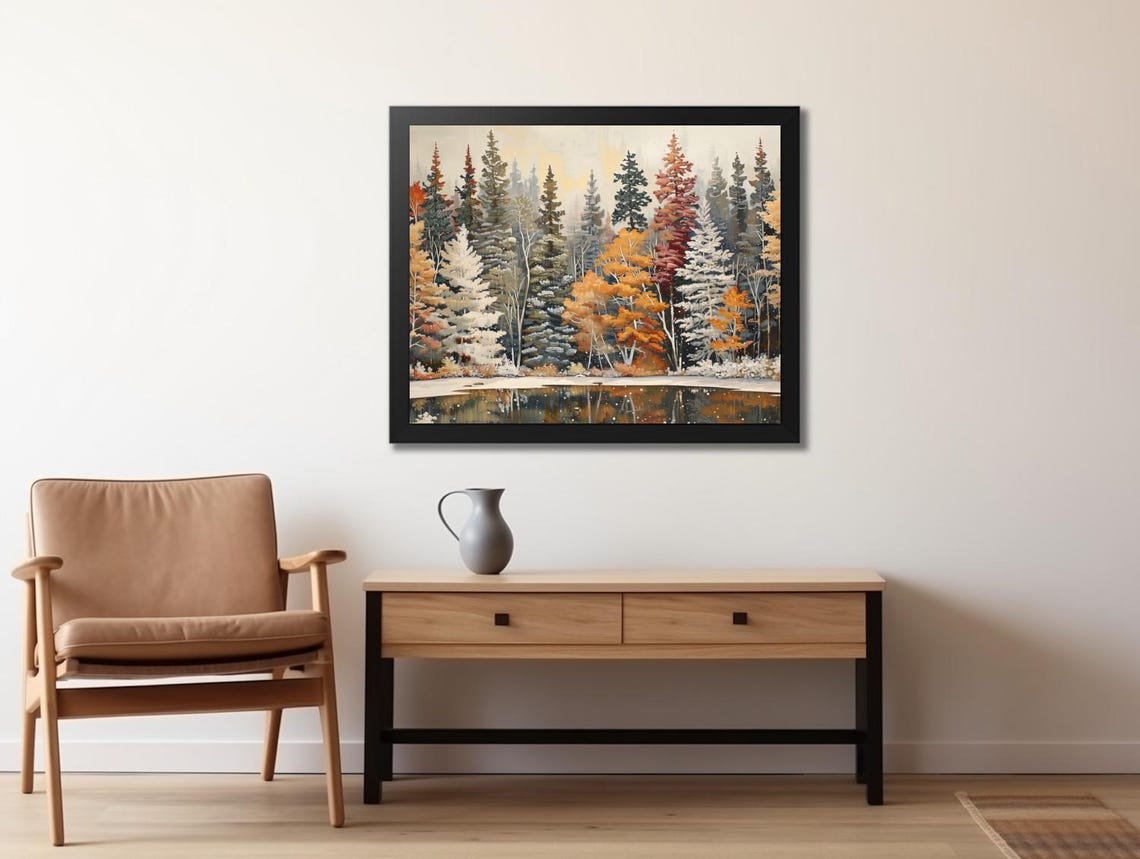 First Snow Falling On Muted Forest Lake Rustic Winter Poster - Image 2