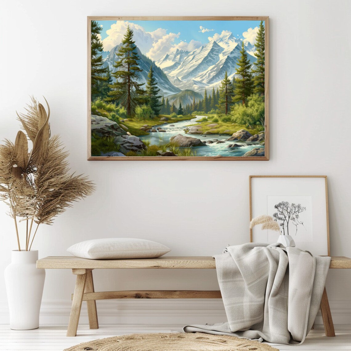 Snow Capped Alpine Peaks River Pine Forest Summer Mountain Landscape Poster - Image 2
