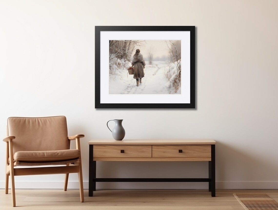 Woman Walking Snowy Forest Path Vintage Winter Countryside Art Print - Image 2