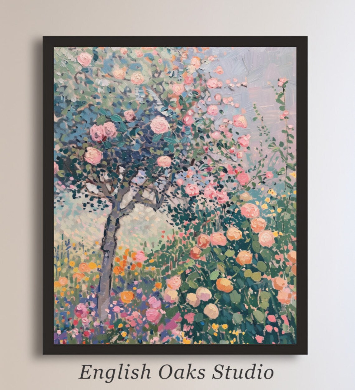 Pink Rose Trees In Lush Garden Impressionist Oil Painting Poster