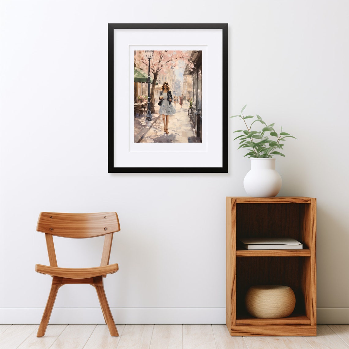 Romantic Oil Painting Of A Woman On The Street Under Cherry Trees Woman Walking In An European City Wall Art - Image 2