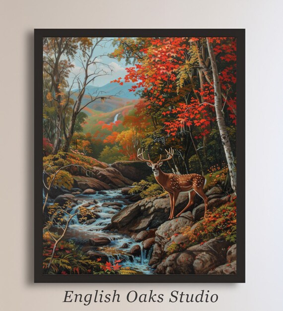 Majestic Stag Waterfall Painting Autumn Forest Deer Wildlife Poster