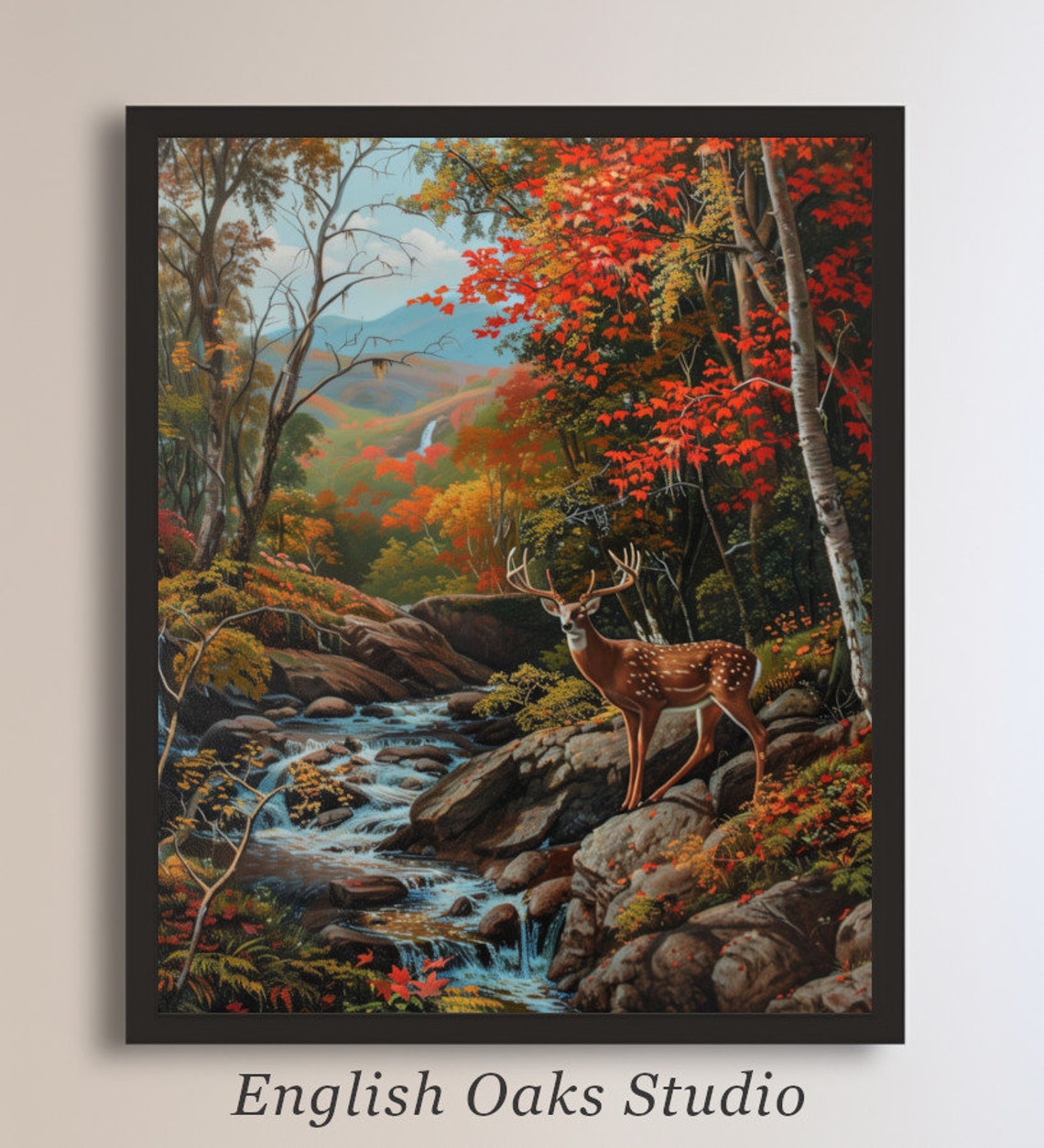 Majestic Stag Waterfall Painting Autumn Forest Deer Wildlife Poster