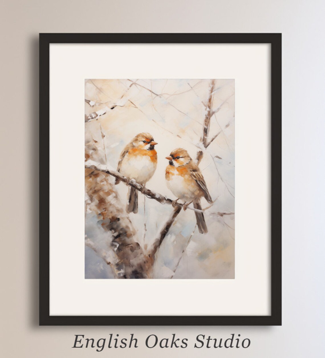 Two Songbirds Snowy Branch Winter Oil Painting Bird Wall Art