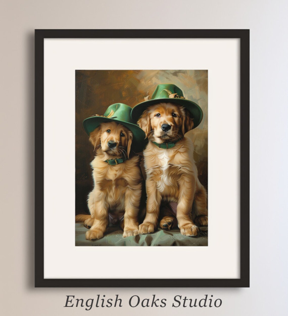Golden Retriever Puppies in Green Hats St Patricks Day Wall Art