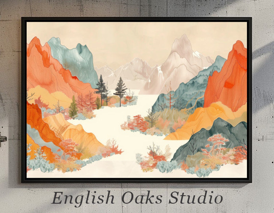 Mid Century Modern Orange Blue Mountain Valley Landscape Wall Art
