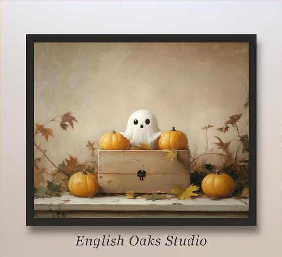 Orange Pumpkins With A Cute Ghost In A Wooden Box On A Neutral Table Top Print Autumn Neutral Vintage Pumpkins Still Life Painting