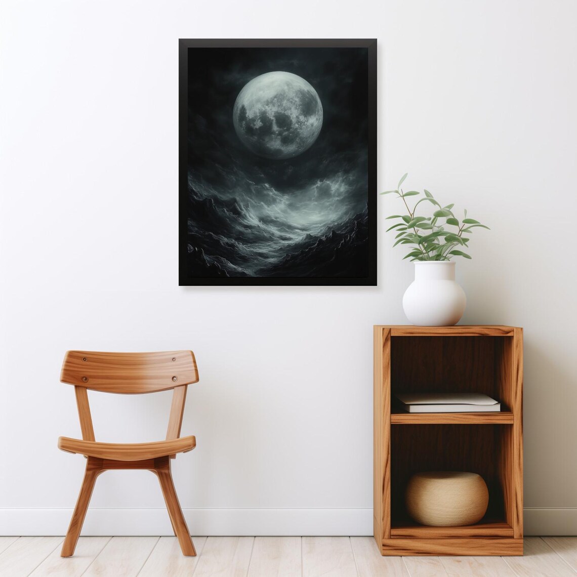 Luminous Full Moon Over Stormy Dark Sea Waves Moody Night Poster - Image 2