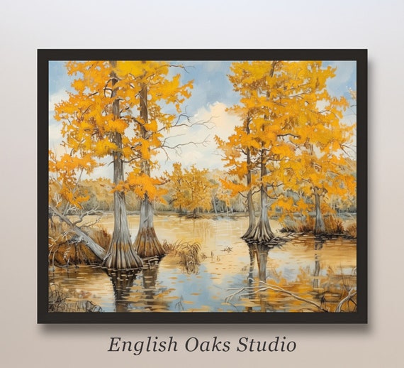 Fall Bayou Southern Swamp Print Louisiana Wetlands Cypress Forest Painting 02