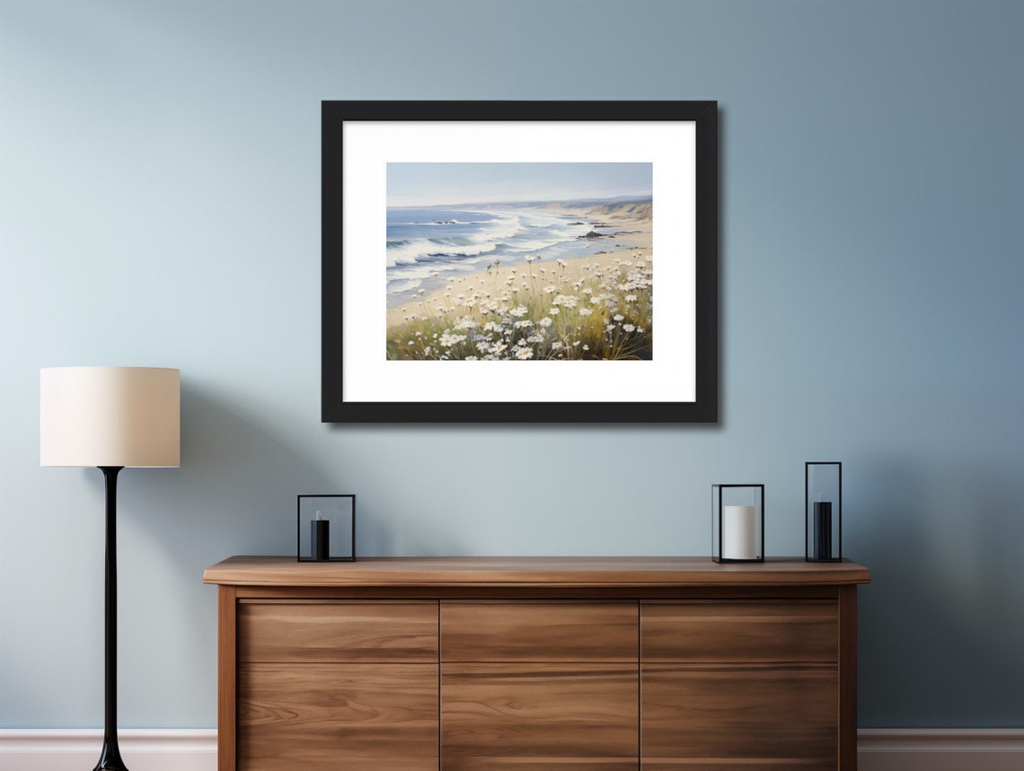 White Daisies On Sandy Beach Grass With Ocean Waves Behind Poster - Image 2