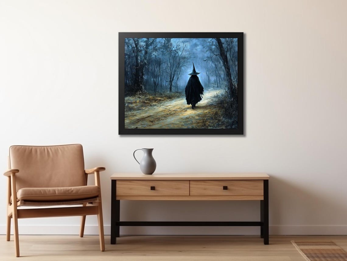 Cloaked Witch Walking Misty Blue Forest Path At Night Poster - Image 2