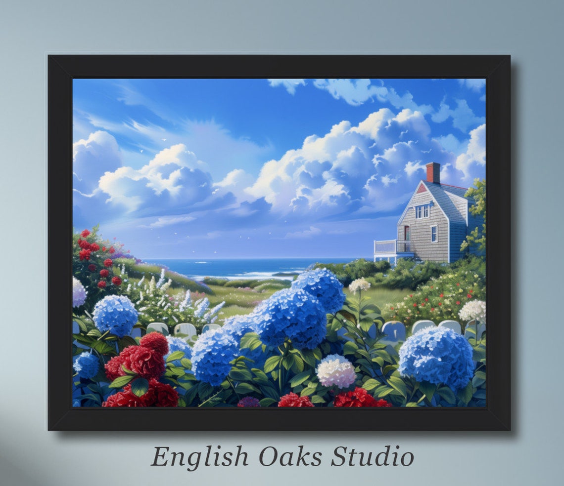 Coastal Floral Summer Landscape Print 4th Of July Red White Blue Floral Cottage Garden Summer Painting Coastal Wildflower Maine Wall Art