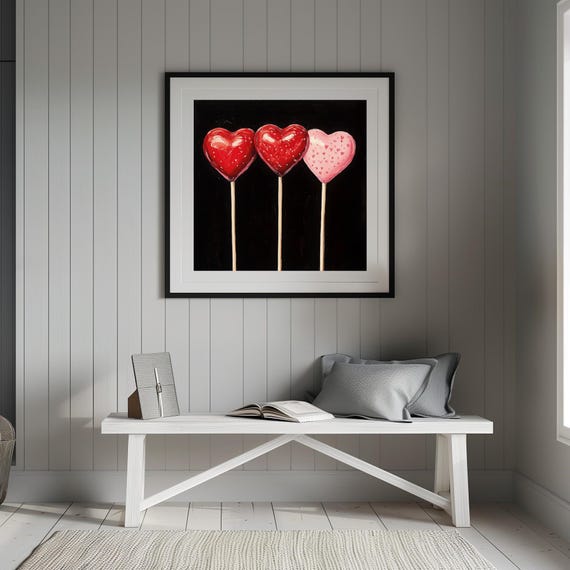 Moody Vintage Valentines Day Heart Shaped Lolipops Painting Romantic Goth Dark Academia Pink And Red Heart Lolipops Print